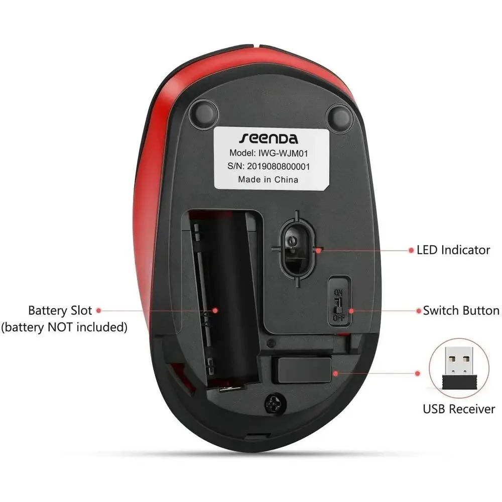 2.4G Wireless Mouse Red & Black Plug and Play Noiseless - Seenda New In Box